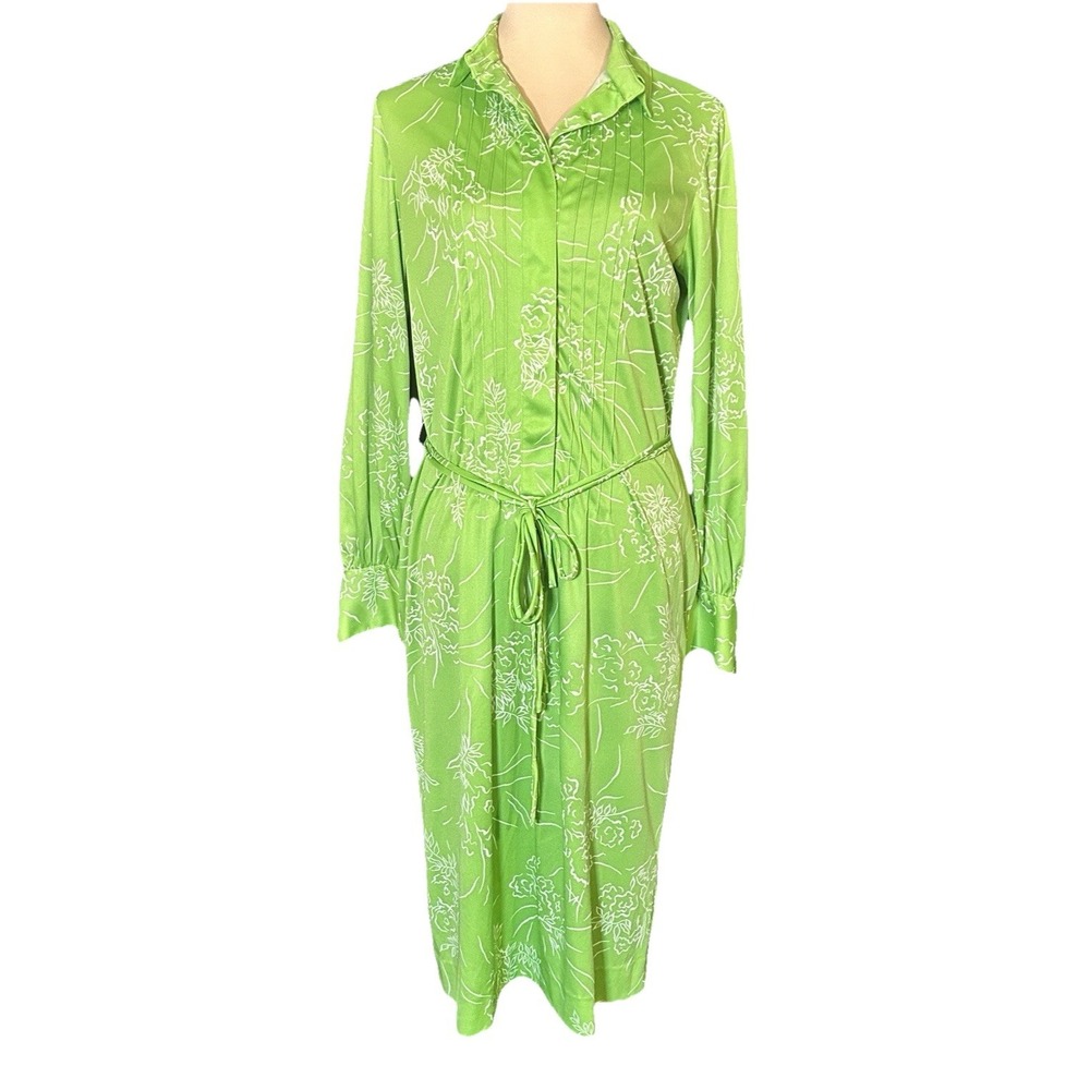 Vintage 70s Lime Green White Floral Belted Button Front Shirt Dress